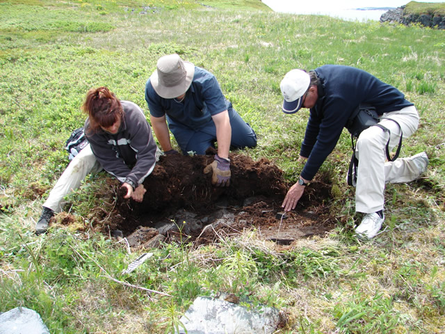 Mlissa Burns, Stphane Nol and French avocational historian Marc Moingeon, uncovering the tabular rocks of the possible plinth support for a forgotten Breton cross, documented in 1680 at this site.